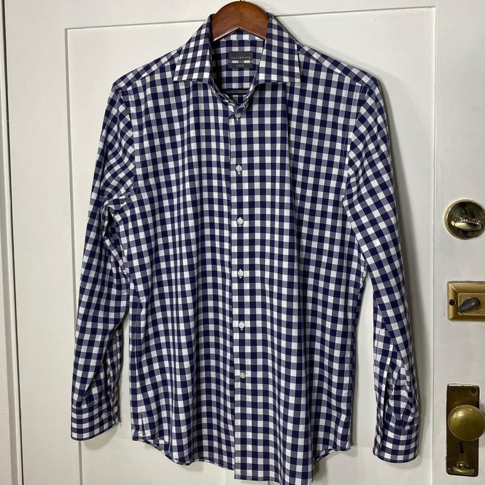Calibrate Trim Fit Blue White Gingham Check Dress Shirt 15 1/2" 32-33